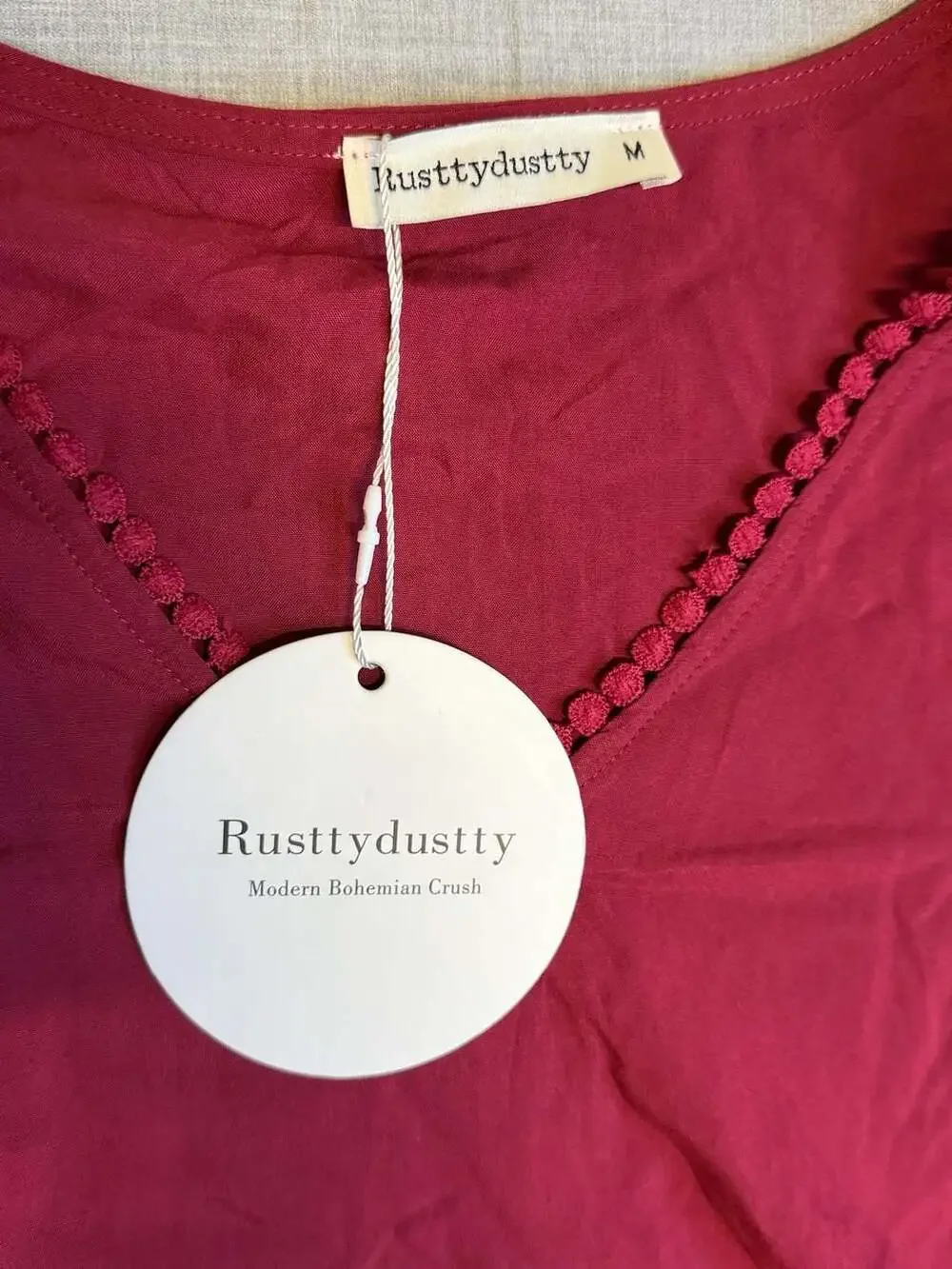 Rusttydustty Burgundy V-Neck Crochet Lace Sleeve Boho Blouse Size M - Picture 3 of 4